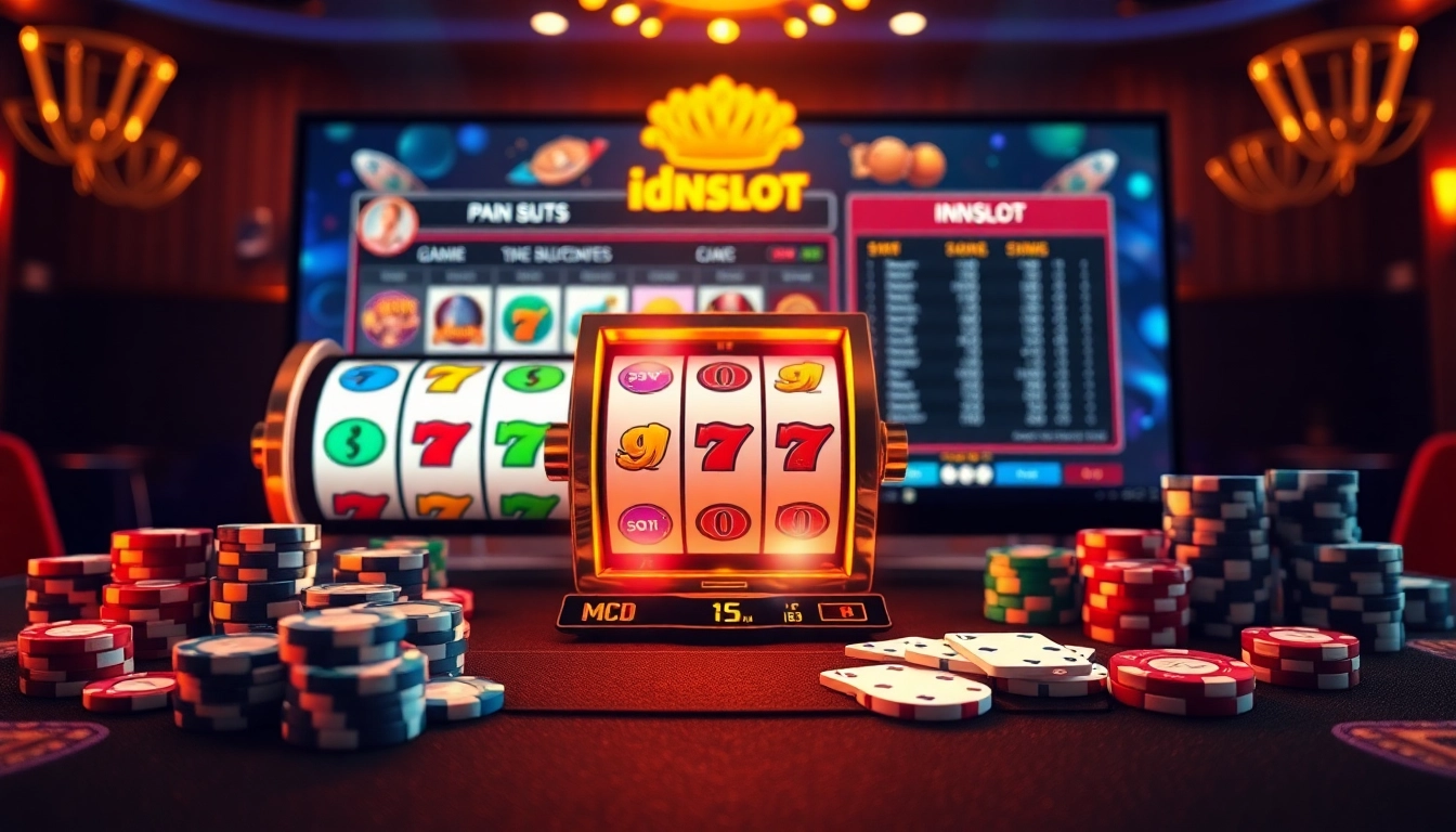 Experience online gambling with idnslot, showcasing a vibrant casino scene filled with slot machines, poker chips, and excitement.