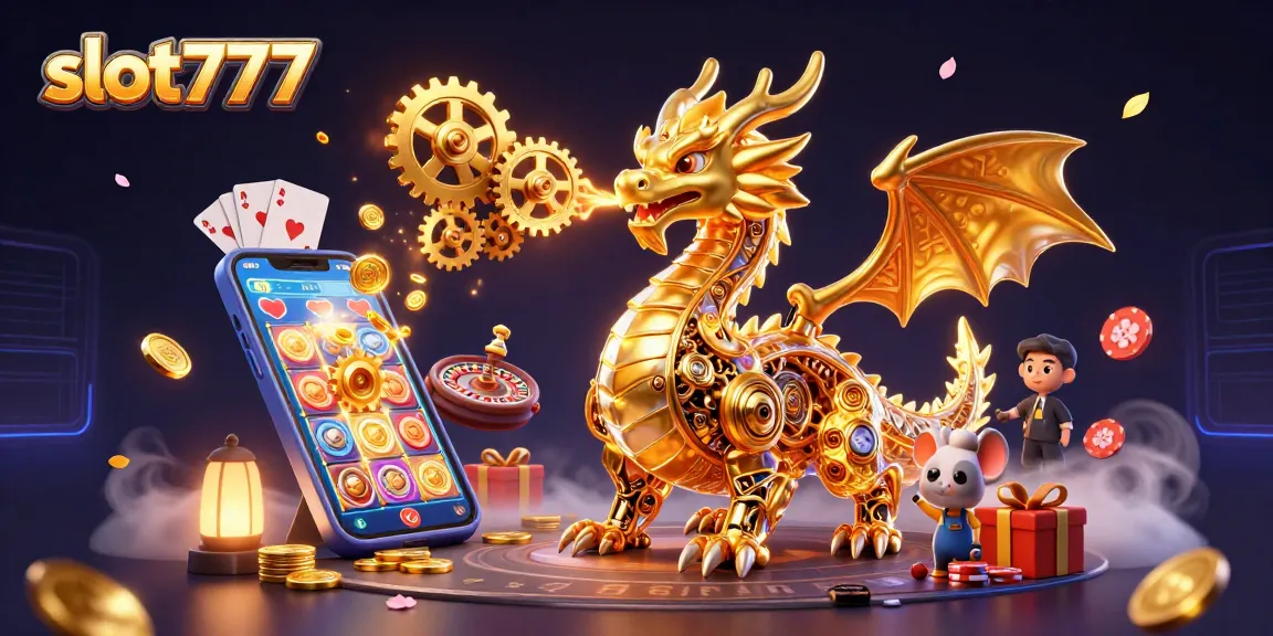 Saksikan slot777 yang menarik dengan naga emas dan banyak keberuntungan di permainan slot kasino.
