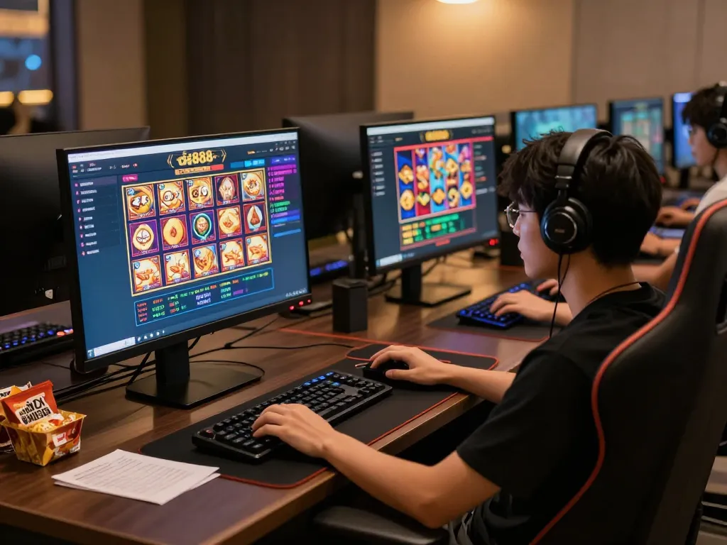 Engaging in สล็อต888 online gaming with a dynamic setup showcasing vibrant gameplay.