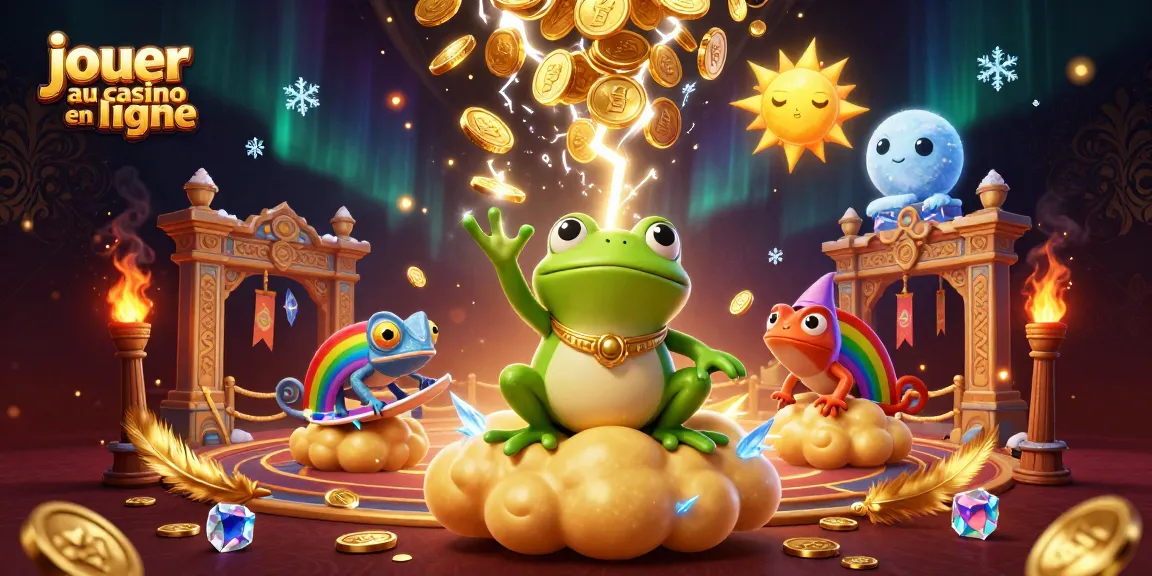 Jouer au casino en ligne avec un magicien grenouille et un caméléon sur un nuage doré, illustration captivante.