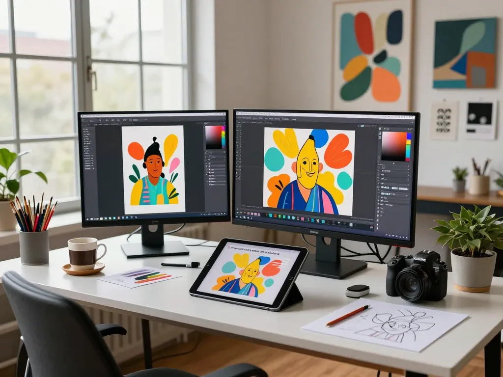 Digital artist using nano banana pro AI in a creative workspace with vibrant artwork.