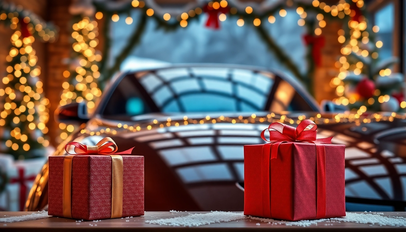 Presenting a Christmas car detailing gift among festive decorations and a shining car.