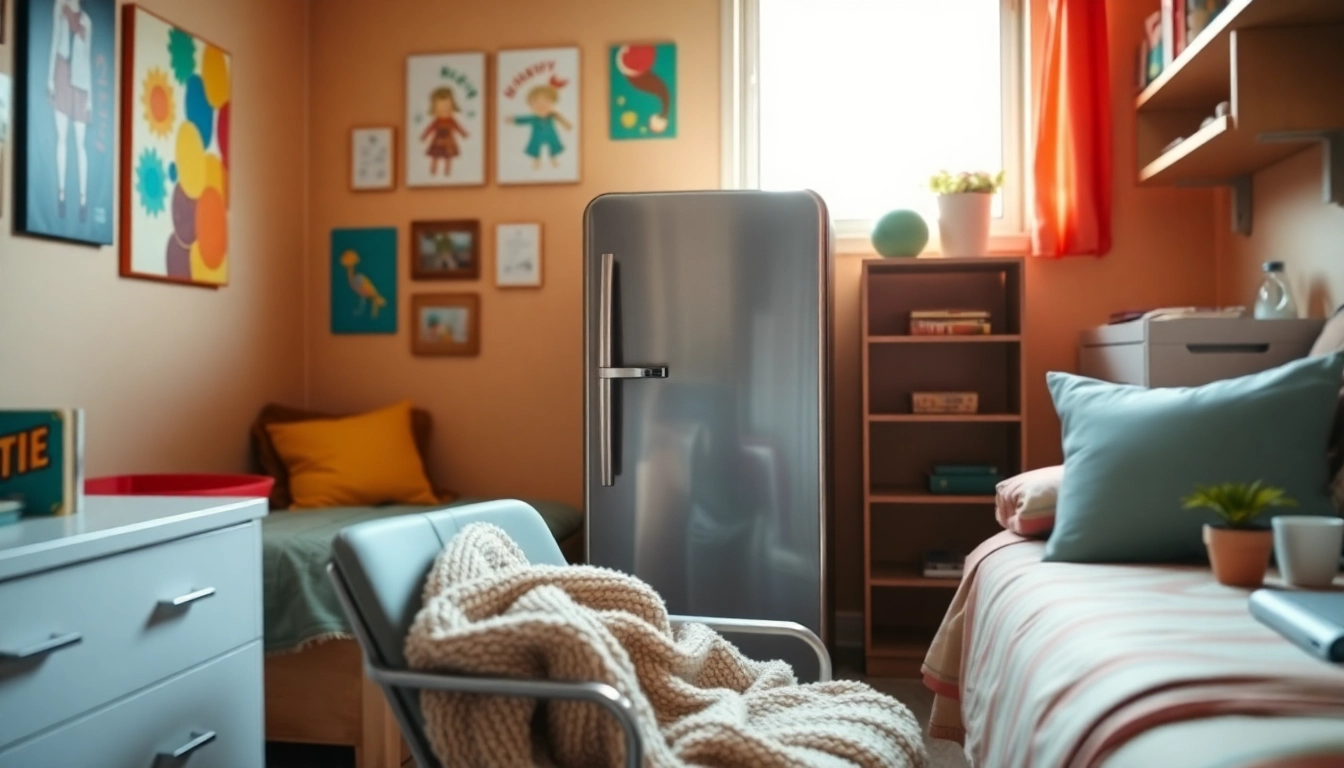 Stylish dorm room fridge in a bright, cozy student living space.