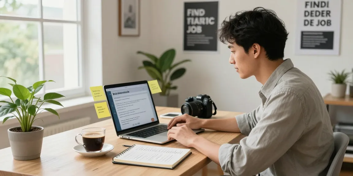 Engaged job seeker navigating how to find a job at a modern home office with job alerts and notes.