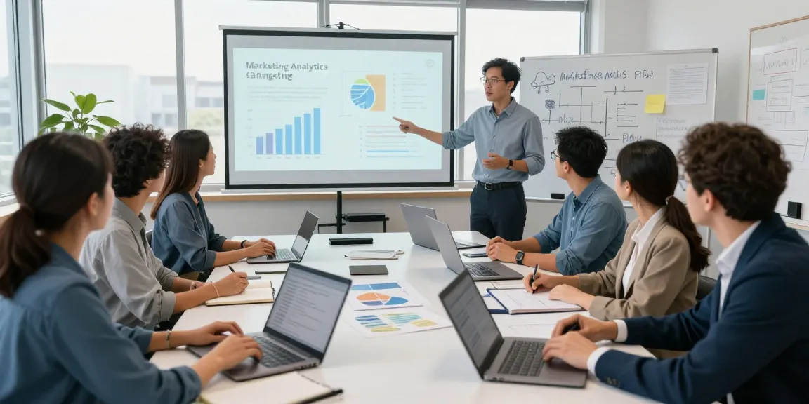 Participants collaborating in a Marketing analytics and targeting course, discussing data insights and strategies in an engaging educational environment.