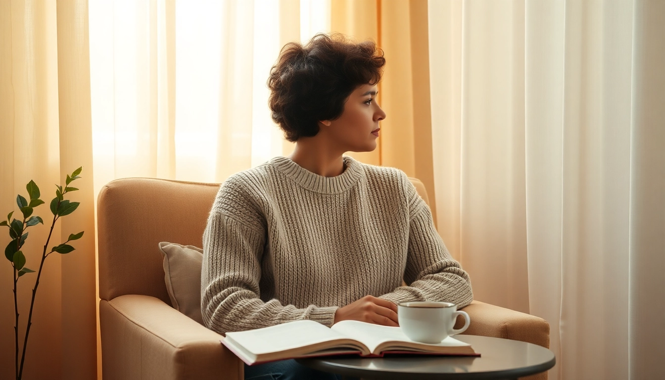 Person reflecting on depression symptoms with a cup of tea and journal, in a serene setting.