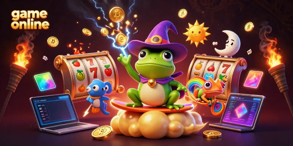 Experience exciting jackpot wins with the vibrant "game online" casino illustration featuring a weather wizard and chameleon.