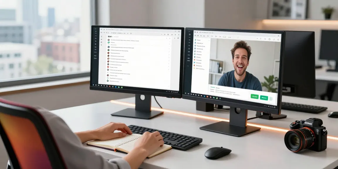 Using WhatsApp電腦版 on a modern tech workspace with dual monitors.