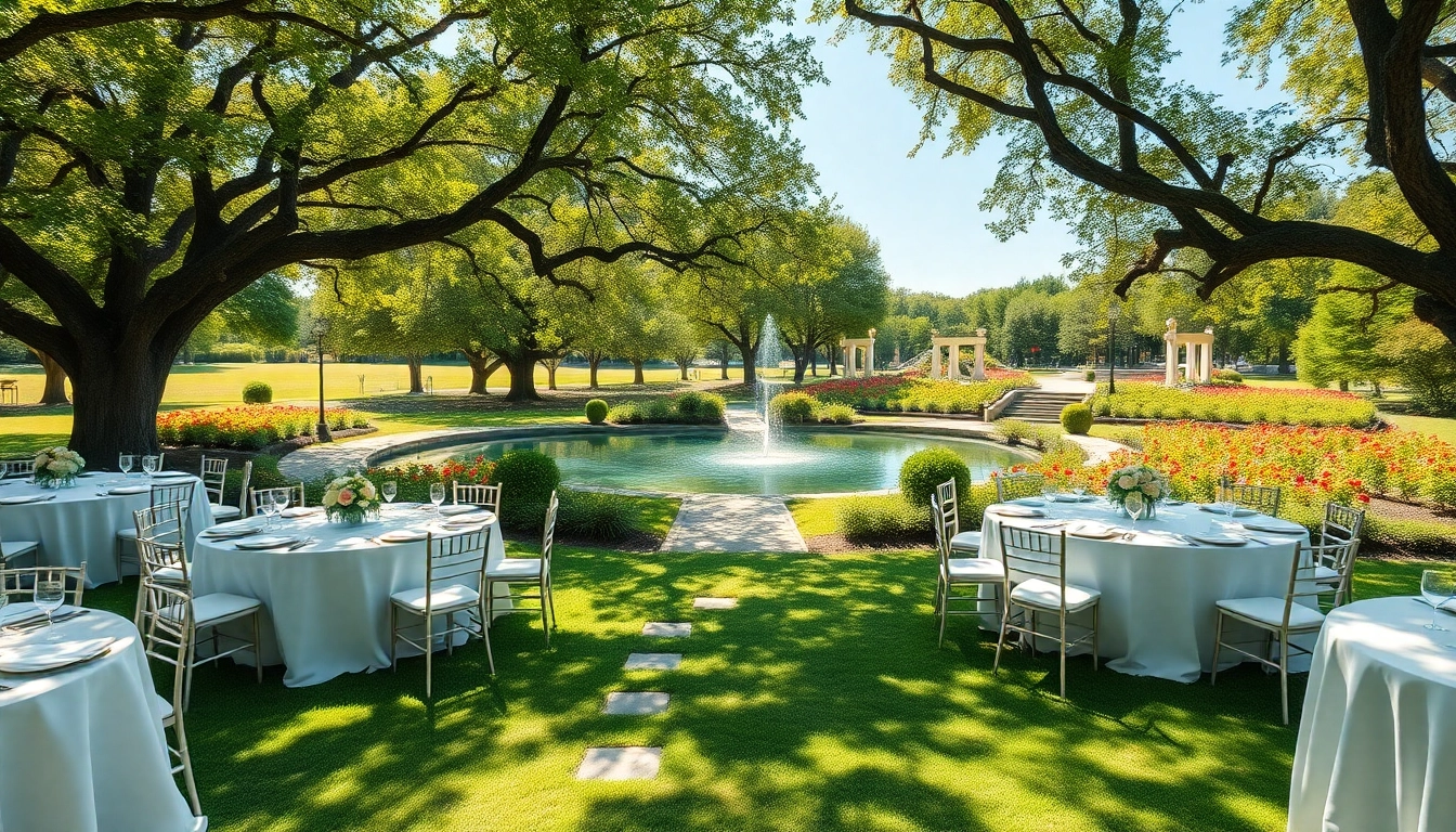 A stunning weddings venue surrounded by nature, featuring elegant table arrangements and beautiful flowers.
