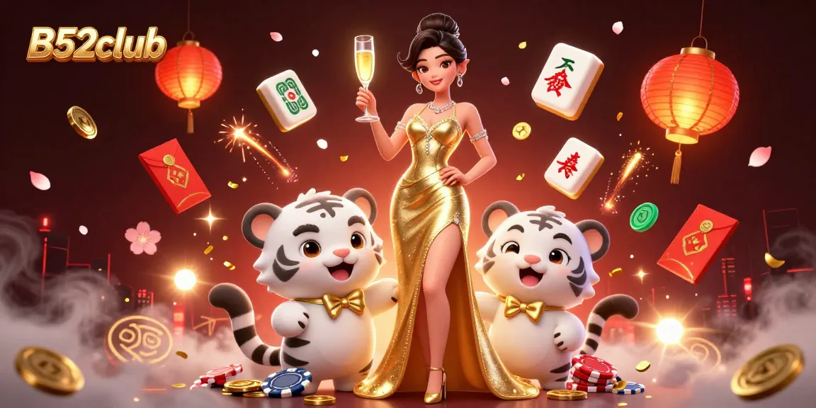 B52club showcases a glamorous woman and a lucky tiger in vibrant casino-themed digital art, embodying excitement.