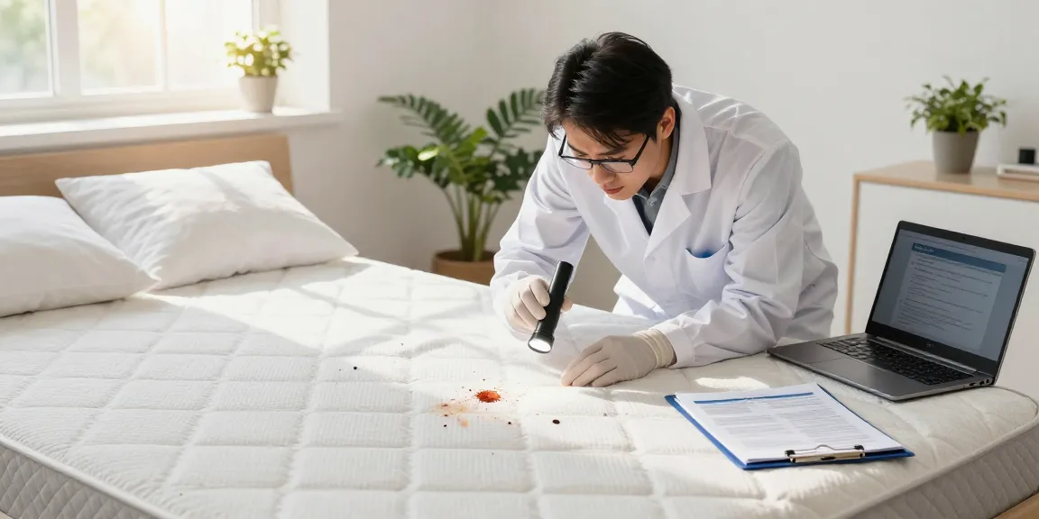 Bed bug exterminator inspecting mattress for signs of bed bugs in a clean bedroom setting.