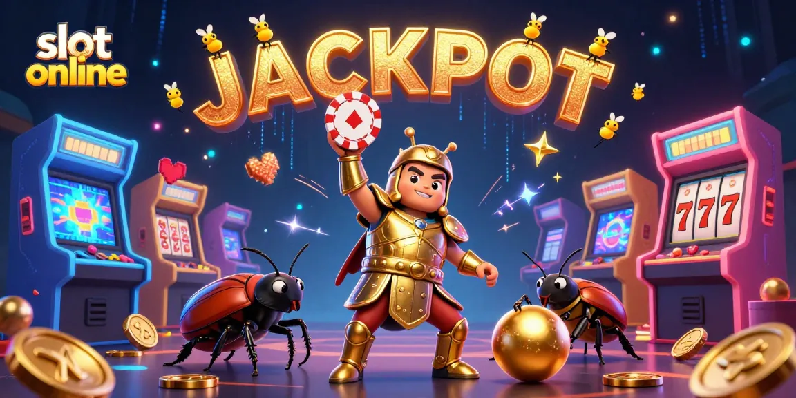 Engage with exciting slot online thrills as a gladiator beetle celebrates a jackpot victory!