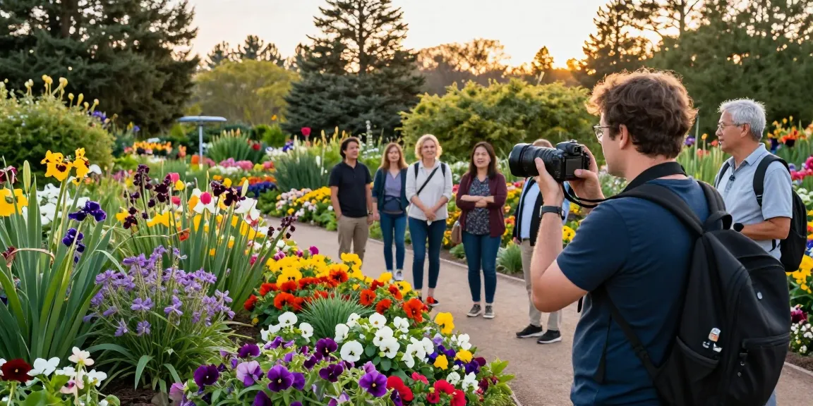 Enjoying the stunning flower displays at https://www.thecapayvalleygardentour.com, a vibrant Capay Valley Garden Tour scene with joyful tourists.