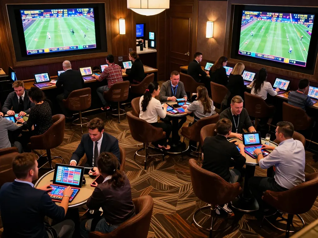 Kèo nhà cái sports betting lounge showcasing bettors placing wagers on live events with vibrant screens.