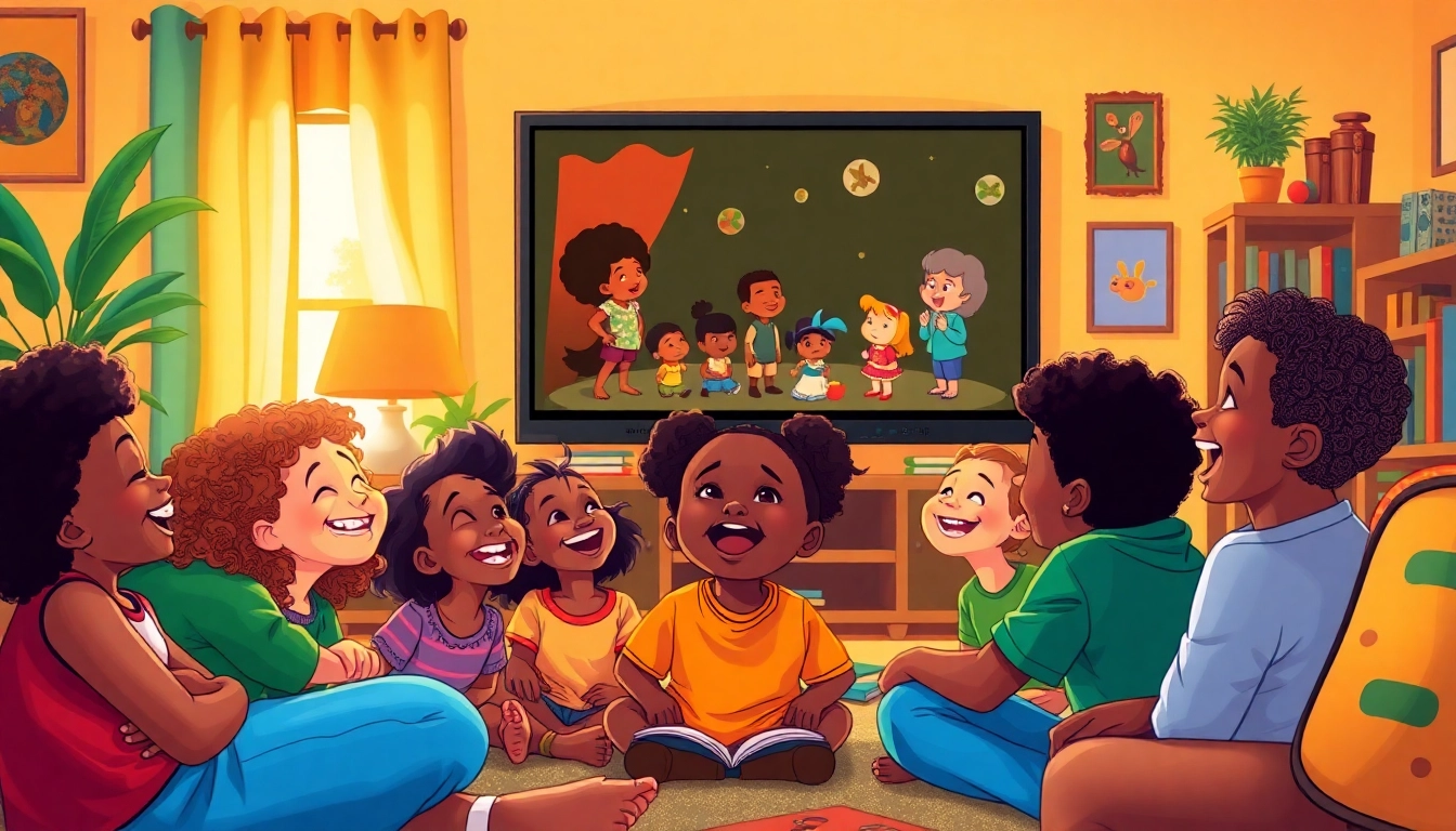 Children enjoying African American Cartoons in a lively living room setting.