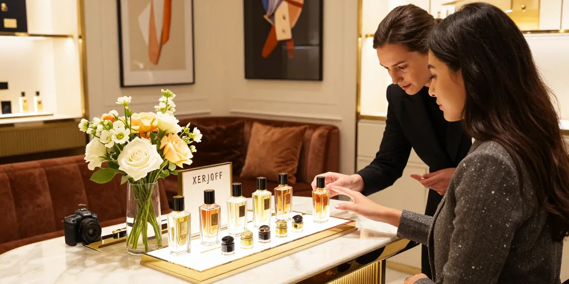 Xerjoff luxury perfumes displayed in a boutique with elegant arrangements and a customer engaging with a consultant.
