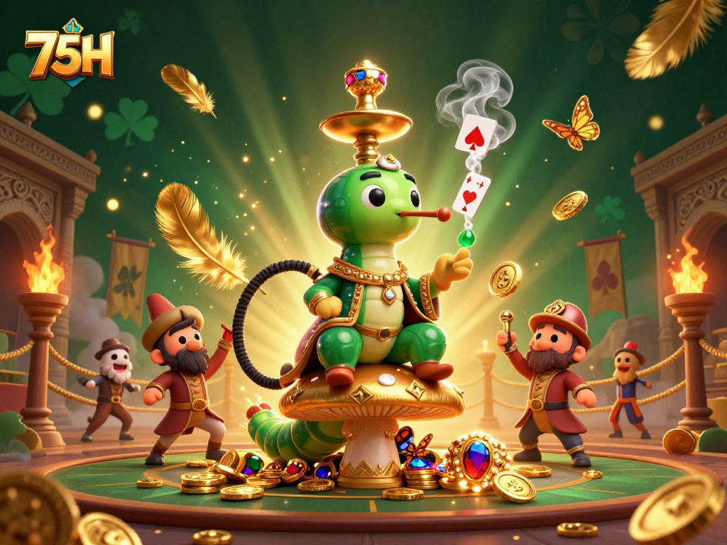 Experimente a emoção do 75H em uma ilustração 3D vibrante com um mestre cachimbo e símbolos de pôquer.