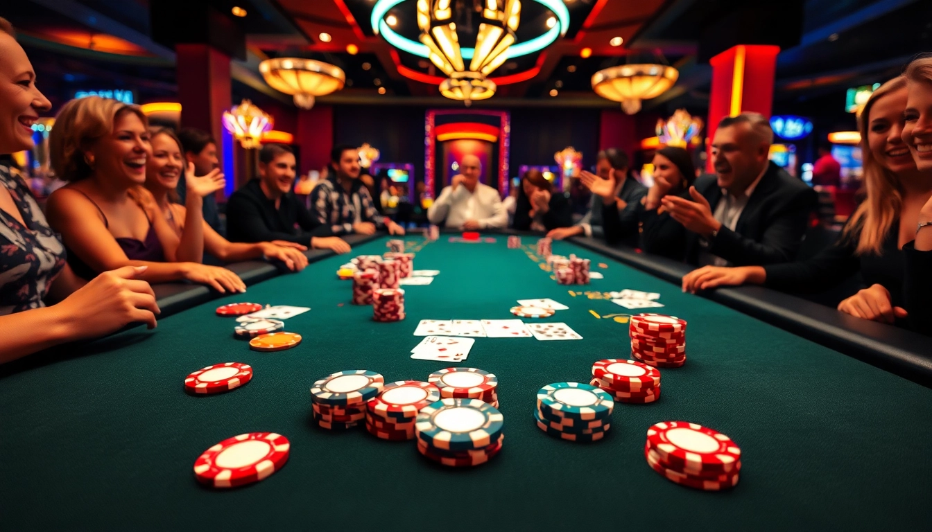 Permainan kasino bbni4d dengan meja poker dan chip berwarna-warni.