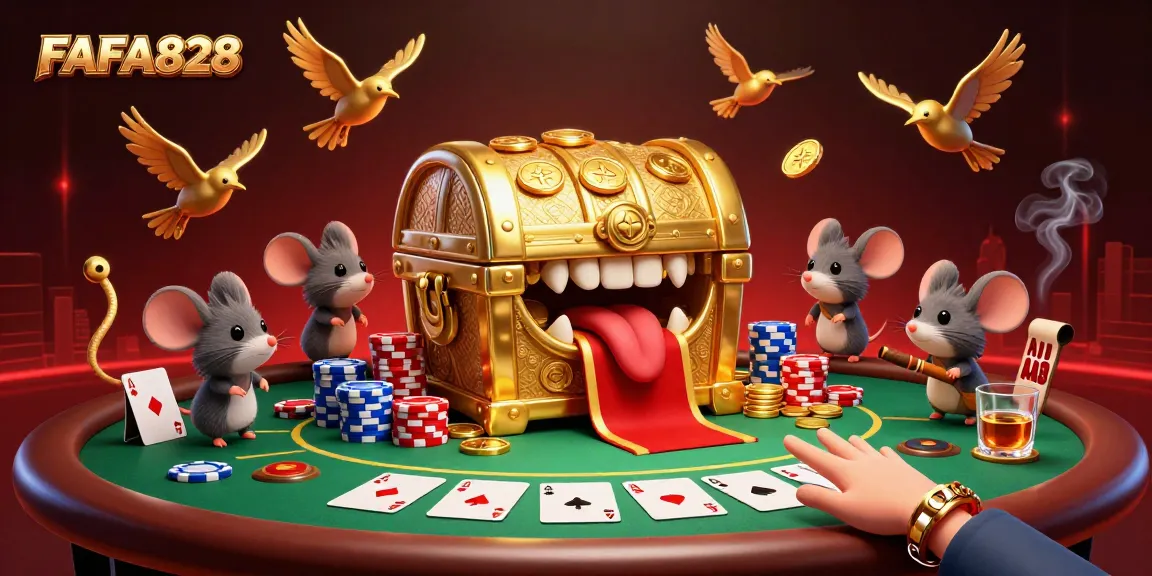 Experience thrilling gambling at FAFA828 with a vibrant illustration of a treasure chest and poker elements.