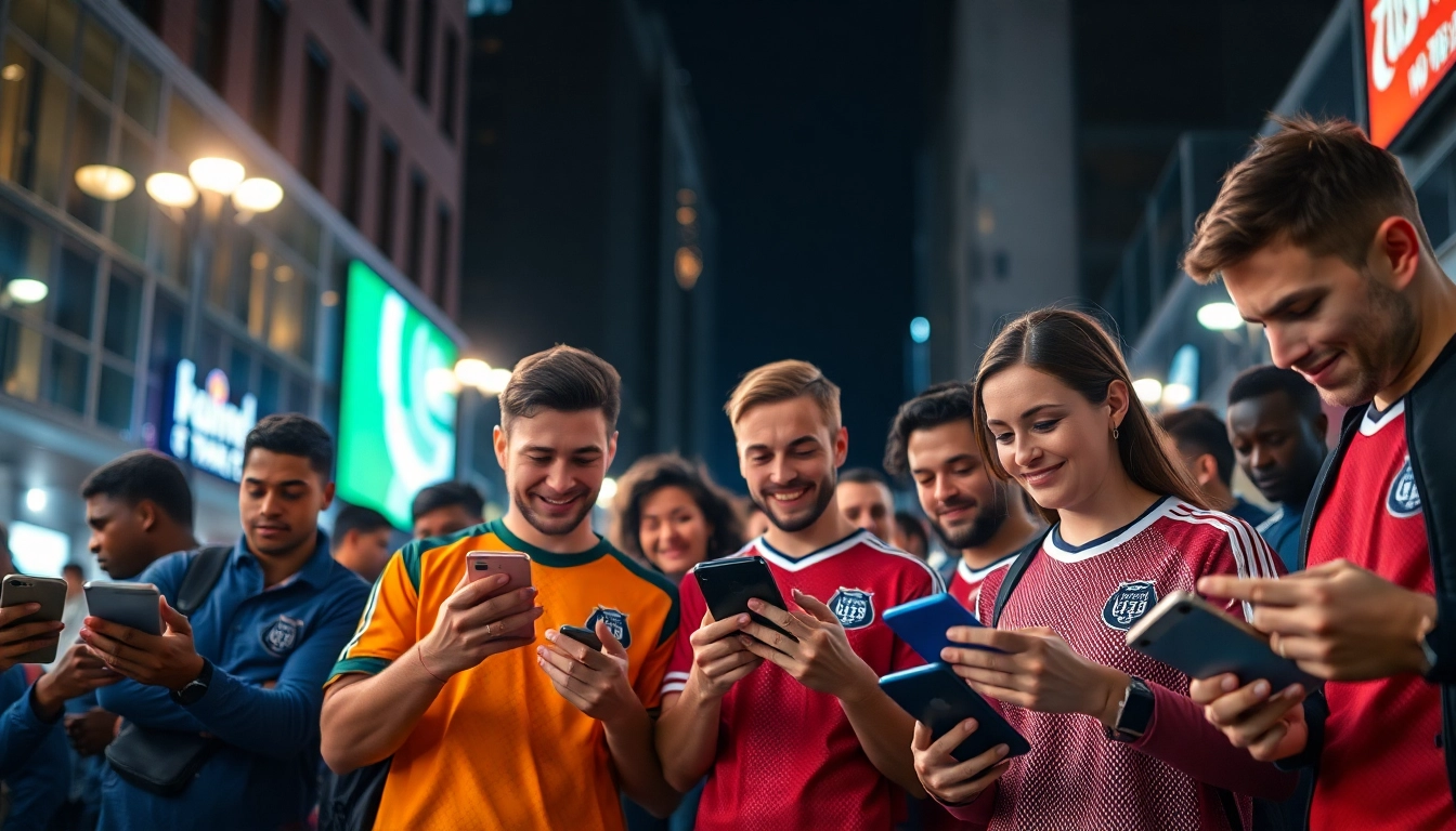 Betting enthusiasts using sportsbooks in California on their devices in a lively urban environment.
