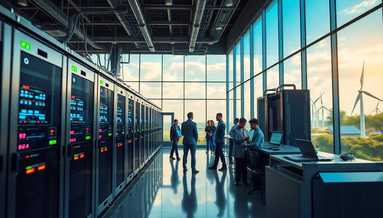 Trusted cloud mining sites represented with a modern facility showcasing AI-powered mining rigs and renewable energy.