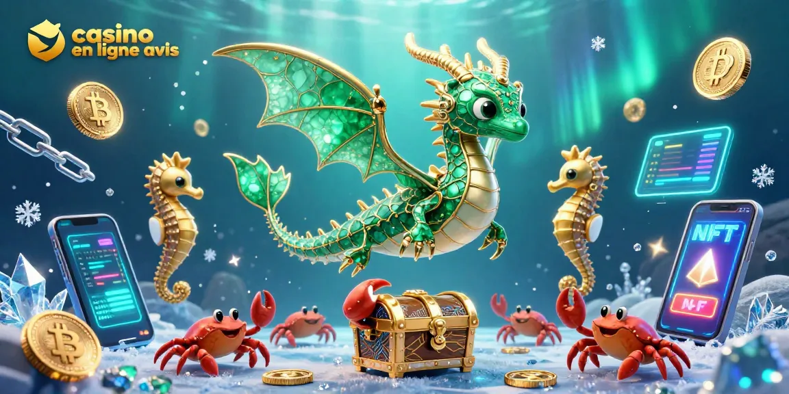 Interagissez avec les casino en ligne avis en explorant une scène vibrante de dragon de mer en 3D remplie d'éléments de cryptomonnaie et d'icônes de jeux.