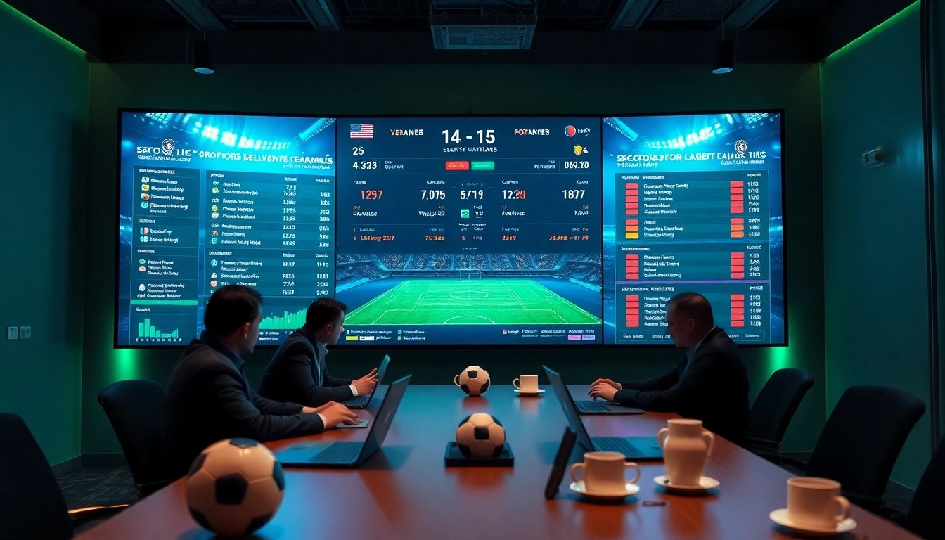 Kèo nhà cái displayed on a high-tech screen in a sports analytics room, conveying excitement and professionalism.