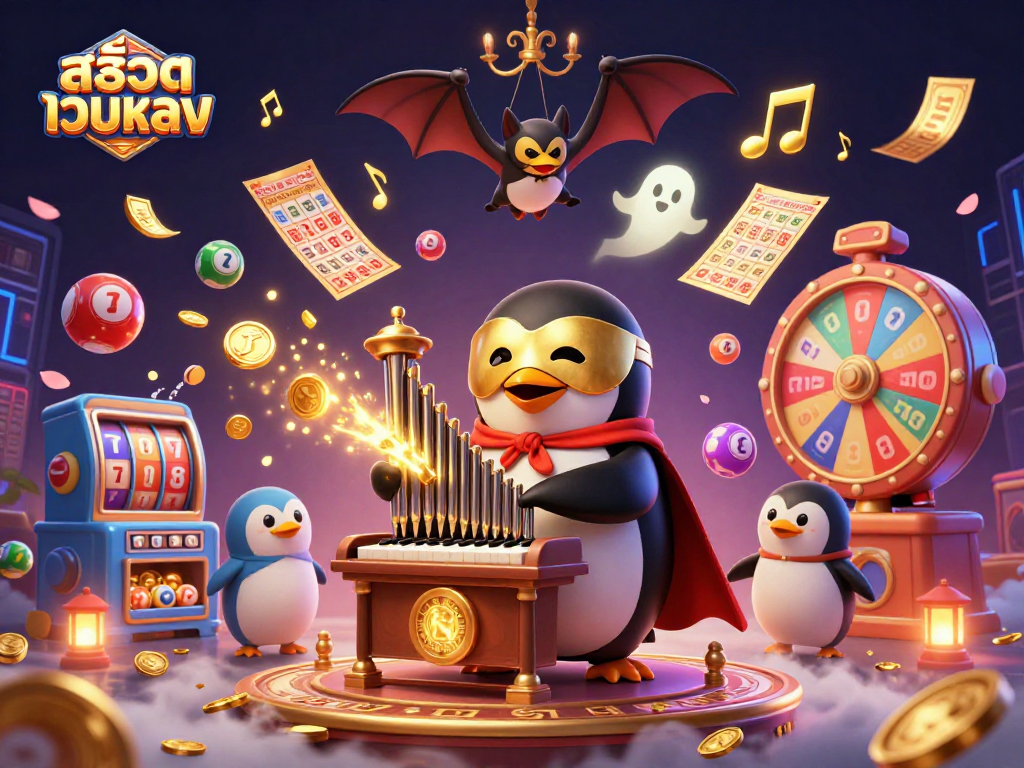 Engage with สล็อตเว็บตรง through this exciting 3D illustration showcasing a penguin organist amidst dynamic casino elements.