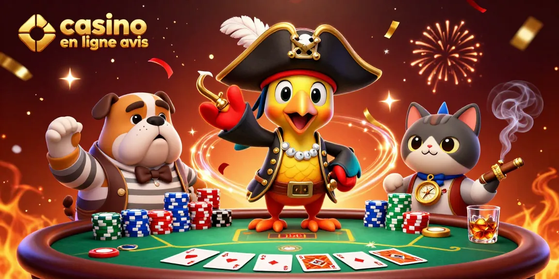 Illustration 3D captivante mettant en avant "avis sur les casinos en ligne" avec des personnages et des éléments de poker vibrants pour les joueurs.