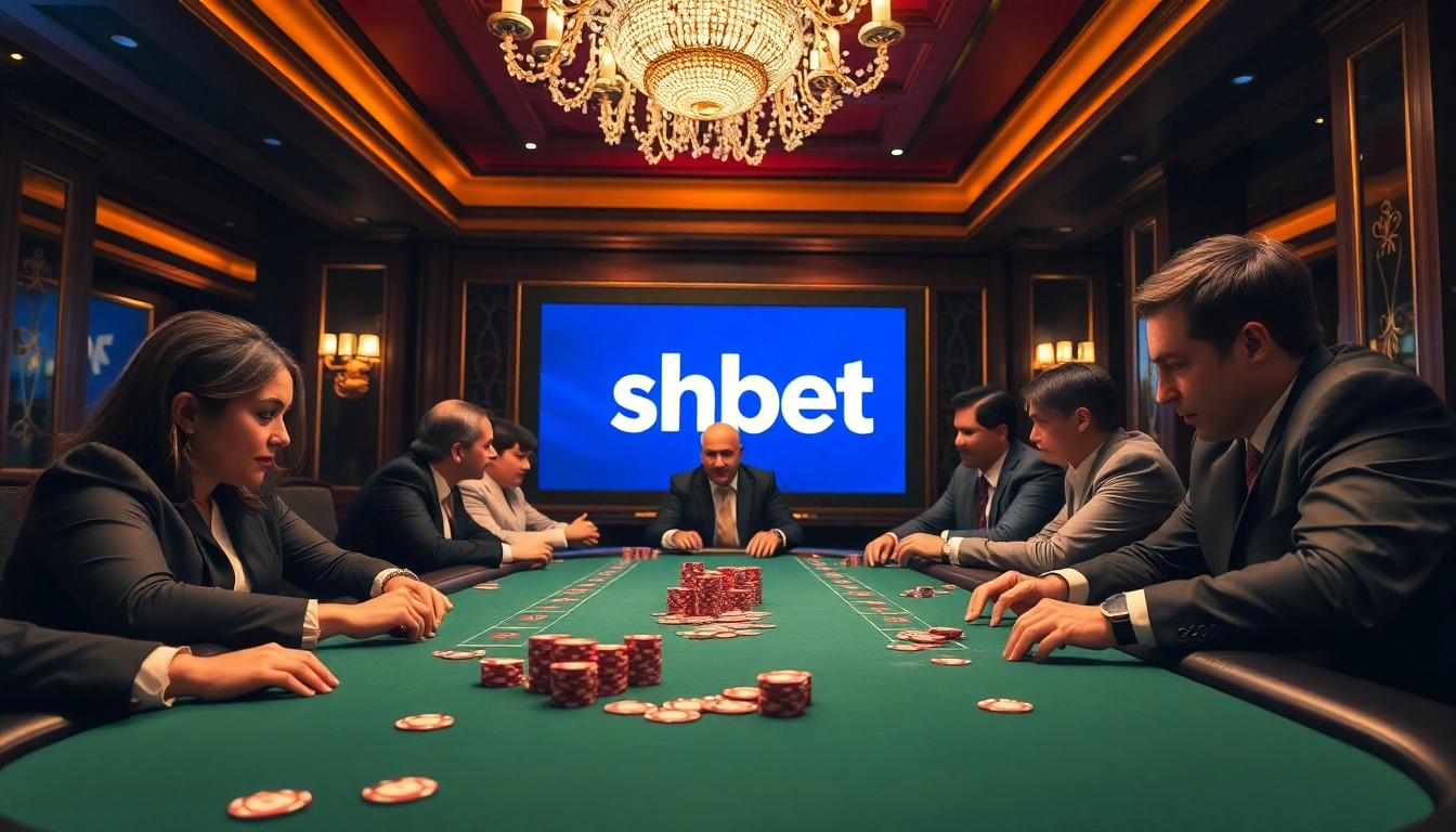 Engaged players strategize at a shbet poker table in a luxurious casino environment.