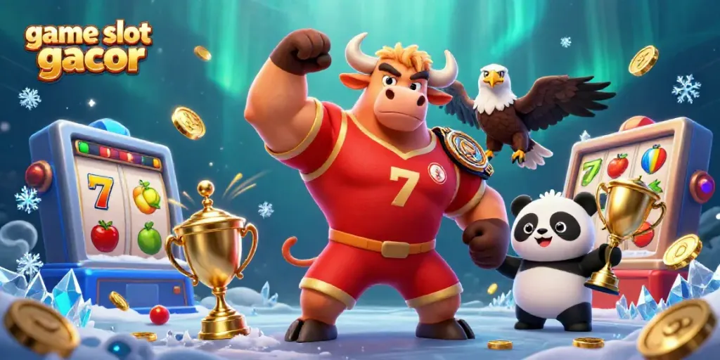 Engaging scene of game slot gacor featuring a muscular bull, eagle, and panda amidst dynamic casino elements.