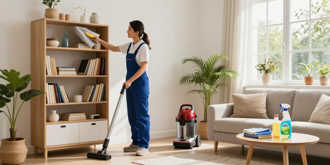 Professional cleaner from atscleaning.co.uk dusting a shelf in a bright living room.