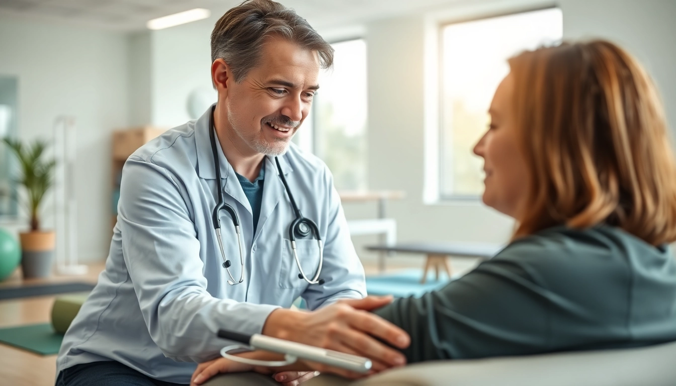 Physiotherapy London session with a professional aiding a patient in a modern clinic setting.