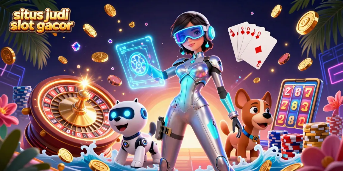 Experience excitement at situs judi slot gacor with 3D visuals of woman, robot dog, and casino elements.