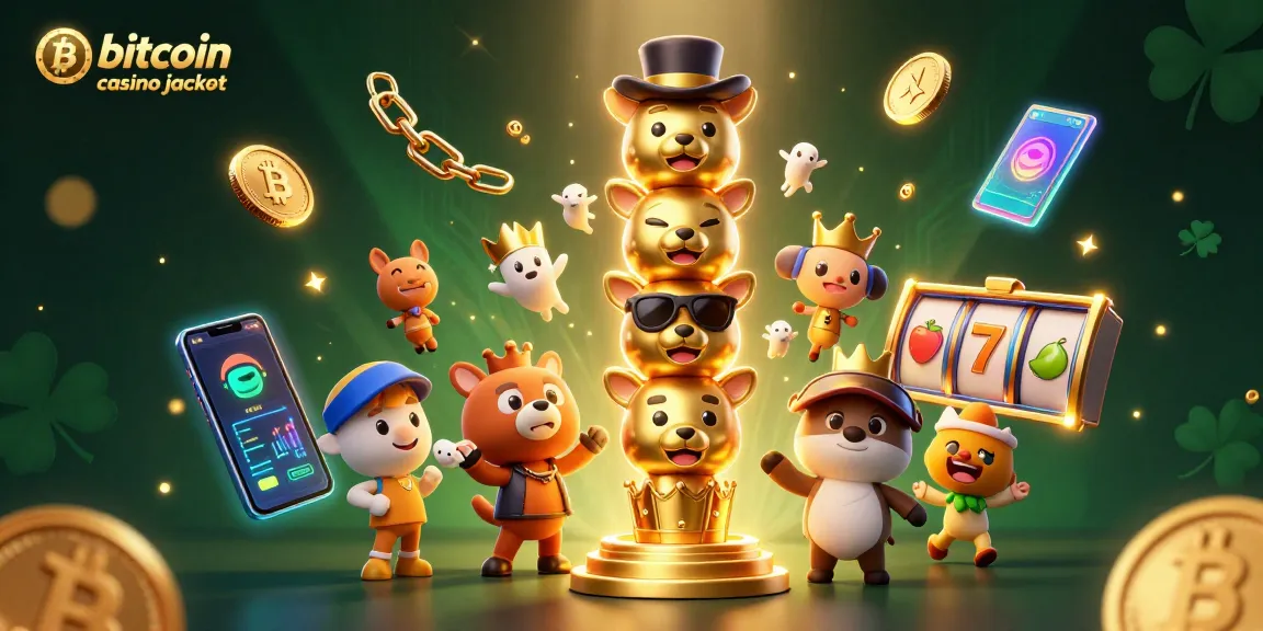 Spin the winning Bitcoin casino jackpot with vibrant 3D illustrations of animated totem poles and crypto coins.