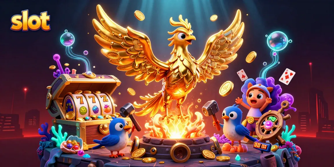 Spin the slot reels in this vibrant casino illustration featuring a molten phoenix and gold!