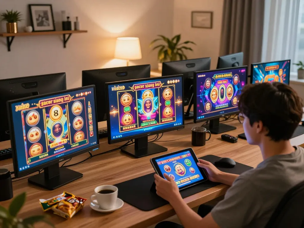 Player enjoying slot gacor siang ini on tablet in cozy home office with engaging gameplay.