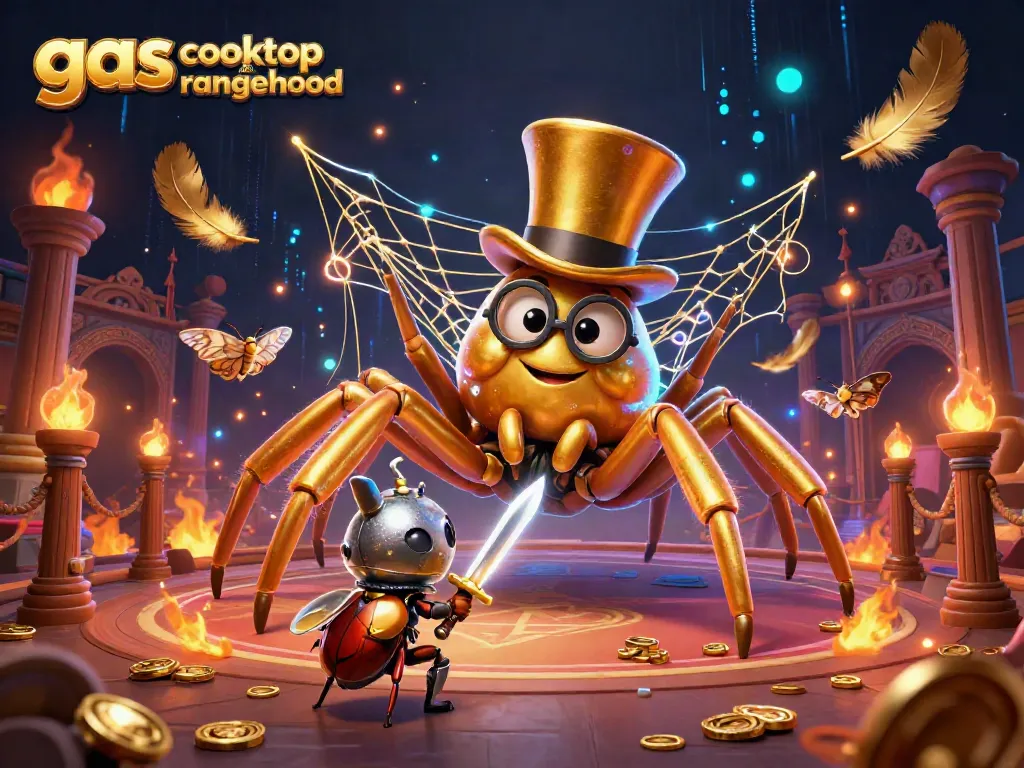 Engage with the gas cooktop and rangehood scene, featuring a golden tarantula and a brave beetle knight in a vibrant casino.