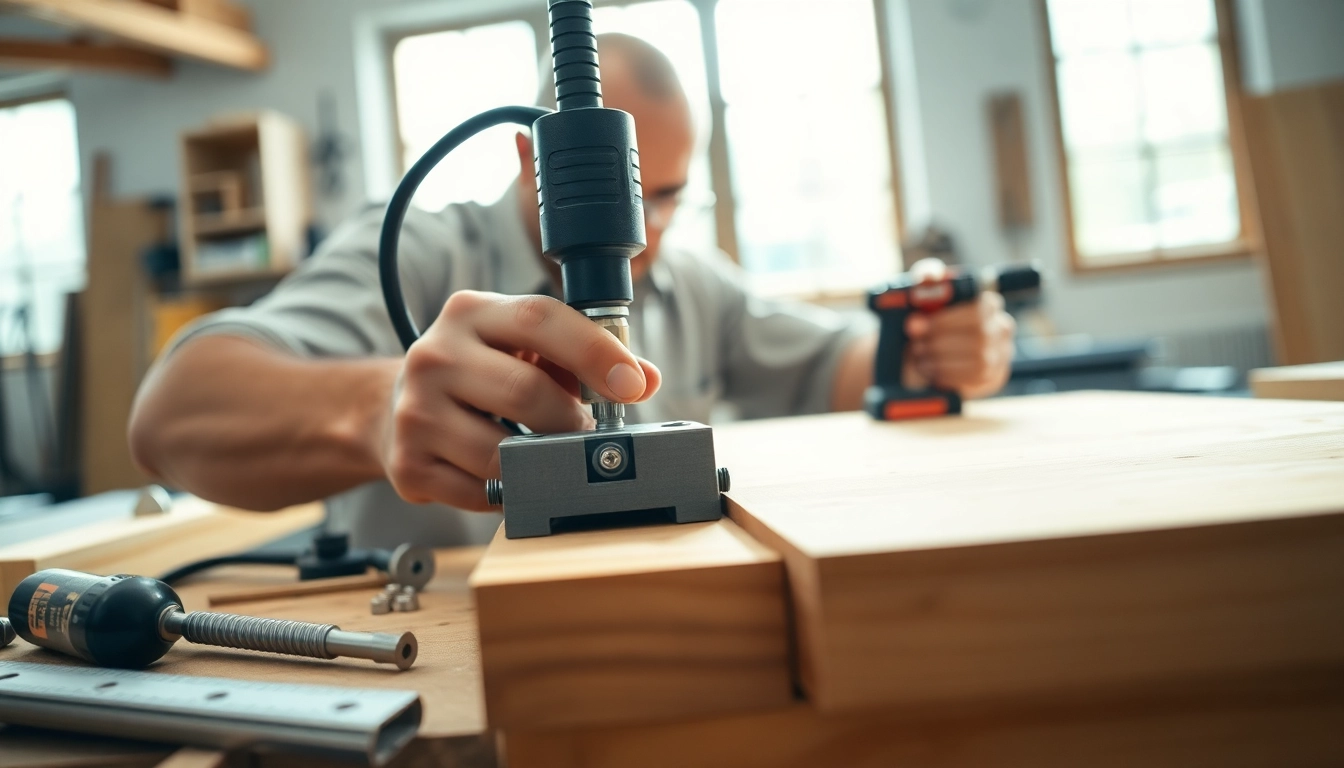 Craftsman using a pf940v2 jig to assemble precision parts in a workshop.