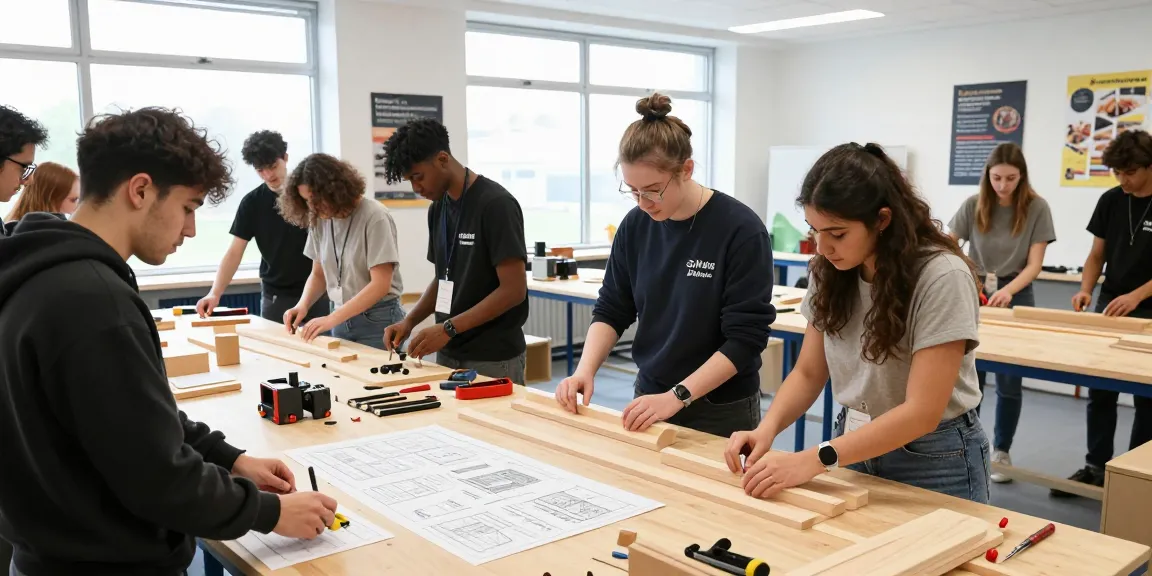 Vocational training UK workshop with diverse group learning carpentry skills.