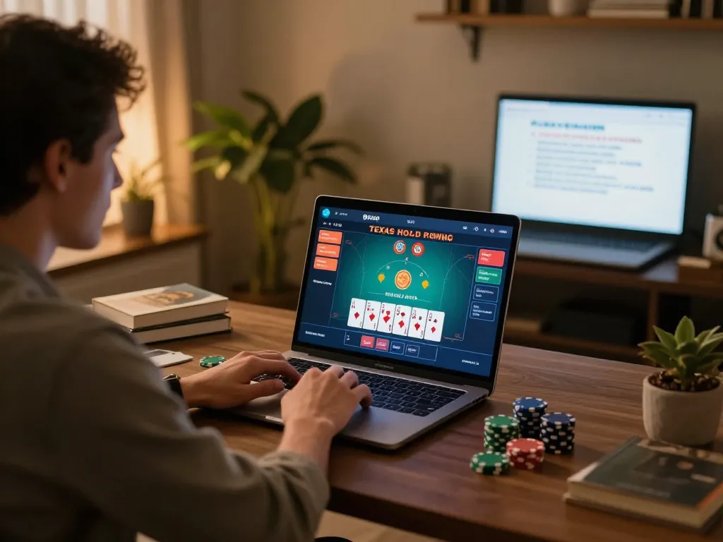 Engaging with the hidden wiki through a virtual poker game on a stylish laptop.