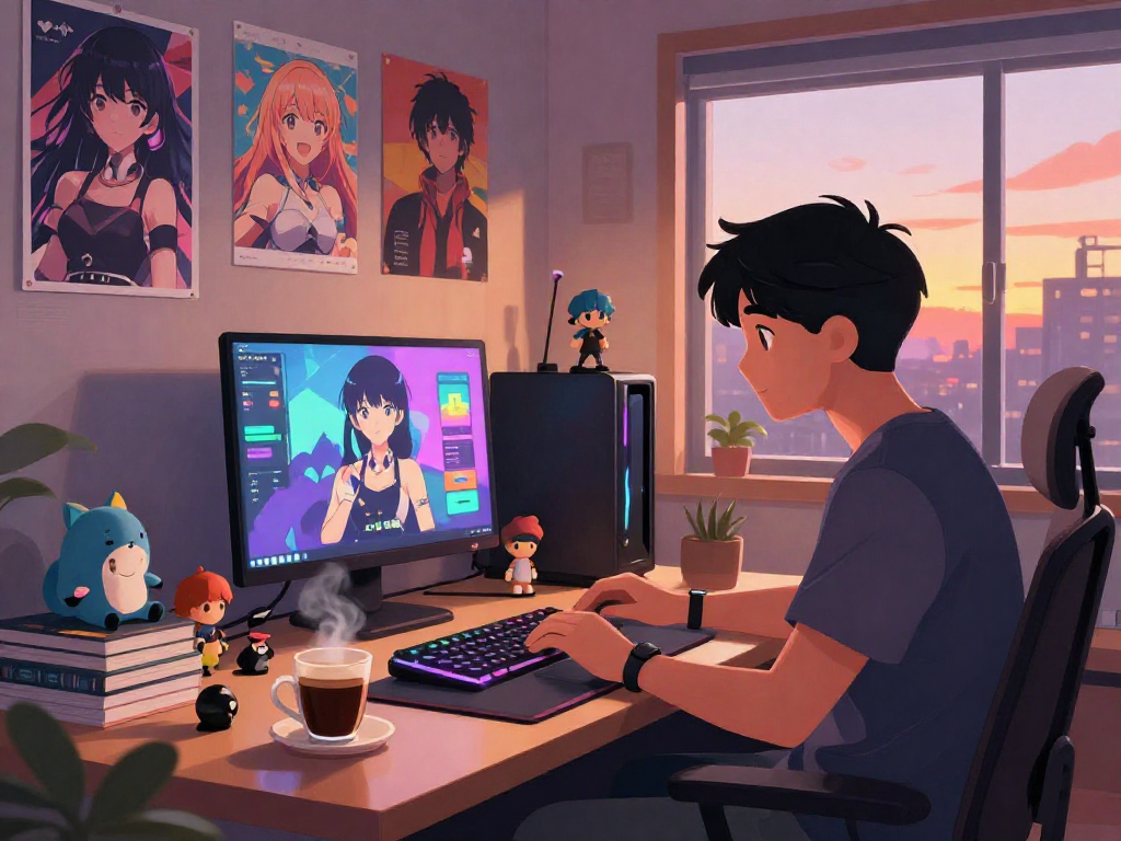 Engaging in a hentai AI chat in a vibrant home office filled with anime decor.