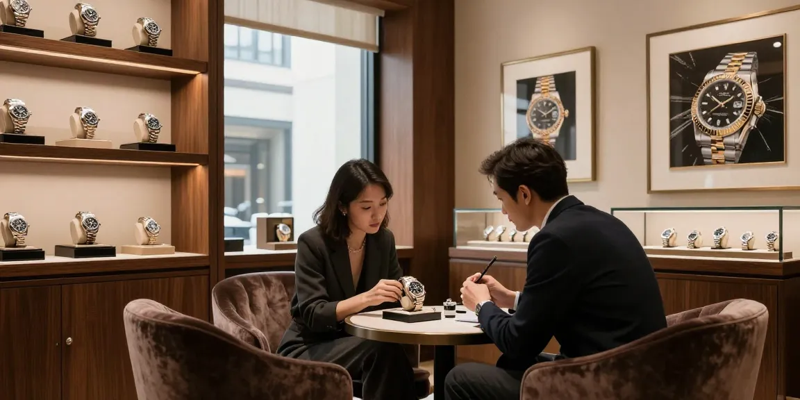 Experience the elegance of a Rolex replica in an upscale boutique setting, showcasing premium timepieces.
