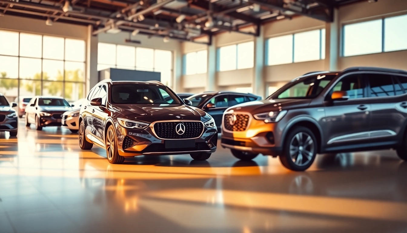 Buy a car featuring a variety of modern vehicles in a bright showroom environment.