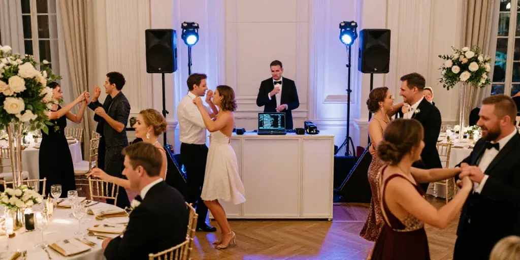 Festive wedding reception in Berlin with a professional DJ, lively dance floor, and elegant decorations celebrating love.