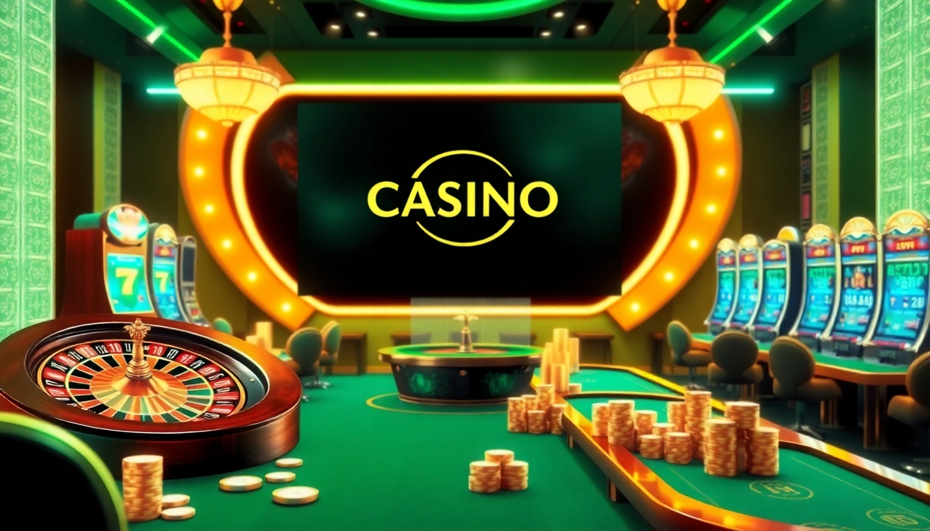 Experience the excitement of Onicplay with a vibrant casino scene featuring slot machines and poker tables.