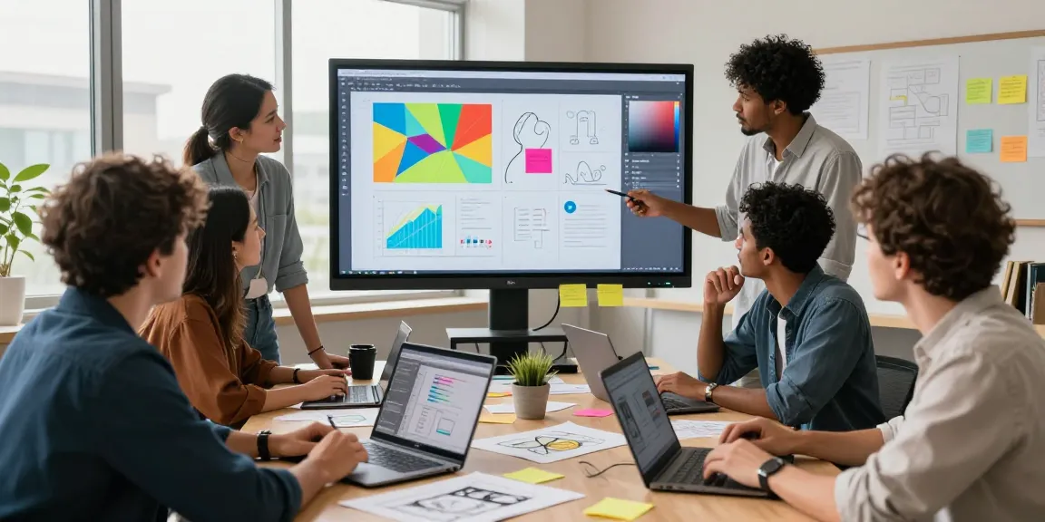 Team collaboration on a mixboard at a modern workspace, showcasing creative brainstorming and innovation.