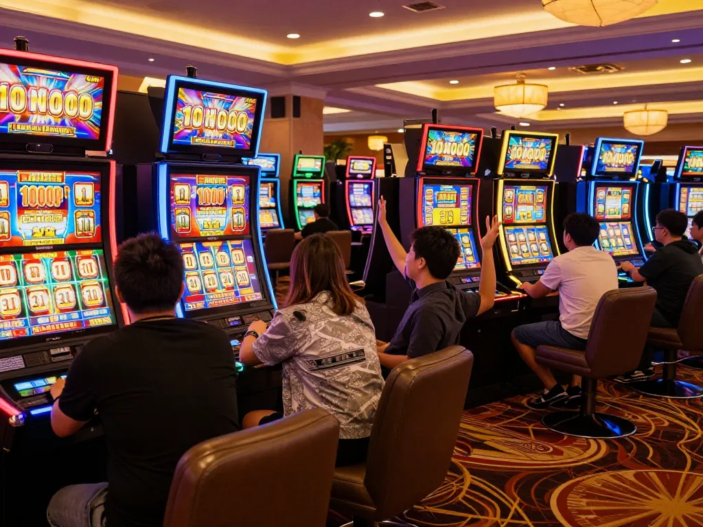 Players engaging with slot 10rb machines, celebrating wins in a lively casino atmosphere