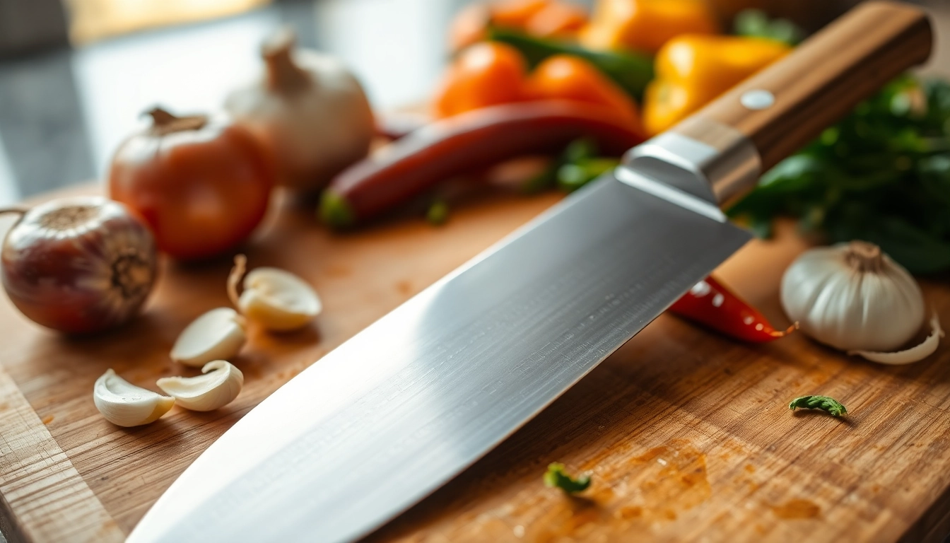 Learn how to choose a chef’s knife with a professional knife on a wooden cutting board surrounded by fresh ingredients.