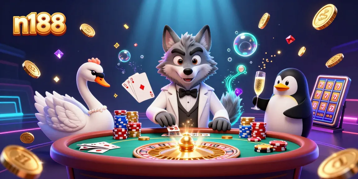 Engage with n188 at a lively casino scene featuring a debonair wolf and more!
